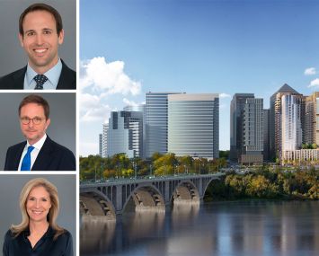 Penzance partner John Kusturiss; Victor Tolkan and Julia Springer, founders and managing partners of Penzance; and a rendering of the new residential towers in Rosslyn, Va.