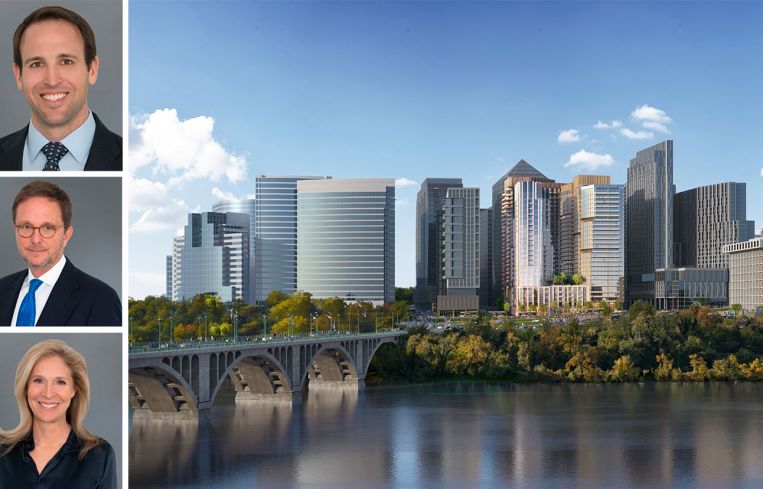 Penzance partner John Kusturiss; Victor Tolkan and Julia Springer, founders and managing partners of Penzance; and a rendering of the new residential towers in Rosslyn, Va.