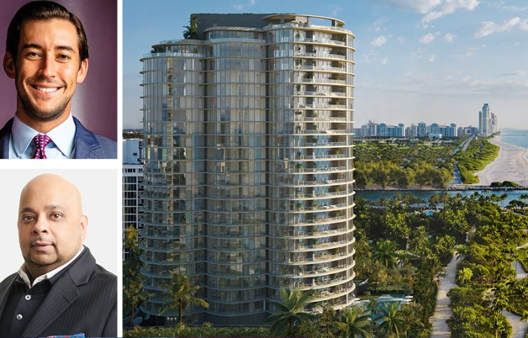 Nick Perez of Related Group, Adi Chugh of TYKO Capital, and the Rivage Residences in Bal Harbour, Fla.