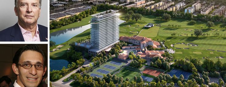 Steve Witkoff of Witkoff Group, Ari Pearl of PPG Development, and a rendering of an aerial view of Shell Bay in Hallandale Beach, Fla.