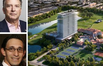 Steve Witkoff of Witkoff Group, Ari Pearl of PPG Development, and a rendering of an aerial view of Shell Bay in Hallandale Beach, Fla.