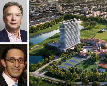 Steve Witkoff of Witkoff Group, Ari Pearl of PPG Development, and a rendering of an aerial view of Shell Bay in Hallandale Beach, Fla.