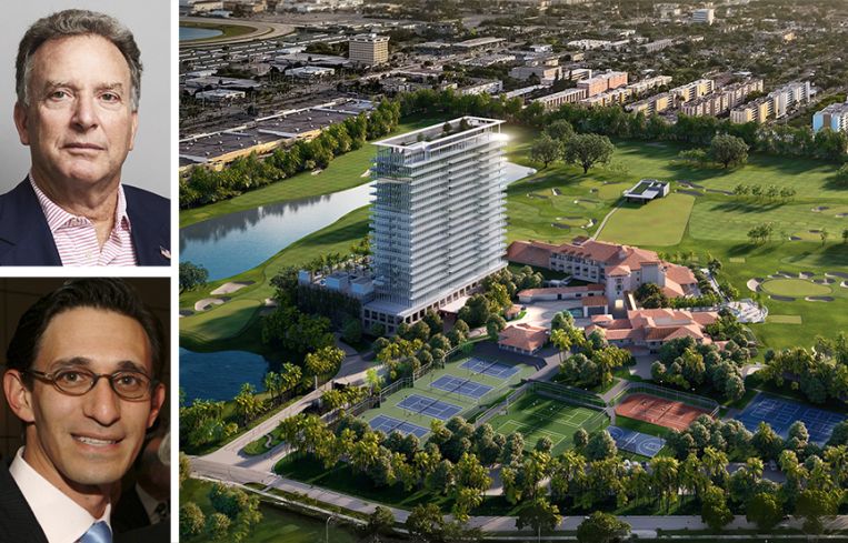 Steve Witkoff of Witkoff Group, Ari Pearl of PPG Development, and a rendering of an aerial view of Shell Bay in Hallandale Beach, Fla.