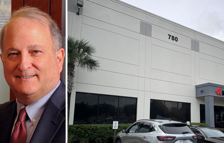 Tom Goodsite, managing director at PGIM Real Estate, and an industrial property at 2855 Faye Road in Jacksonville, Fla.