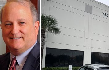 Tom Goodsite, managing director at PGIM Real Estate, and an industrial property at 2855 Faye Road in Jacksonville, Fla.