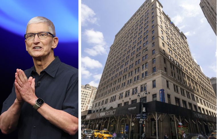 Tim Cook and a picture of 11 Penn Plaza.