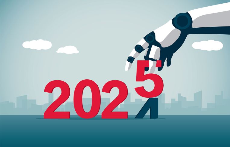 An illustration of a robotic hand changing the year to 2025.