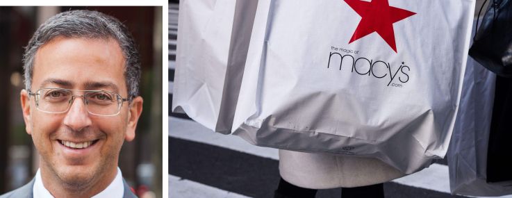 Albert Laboz of United American Land, Isaac Chera of Crown Acquisitions, and shoppers carrying Macy's bags.
