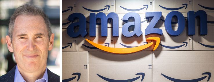 Amazon CEO Andy Jassy and a stack of Amazon packages.
