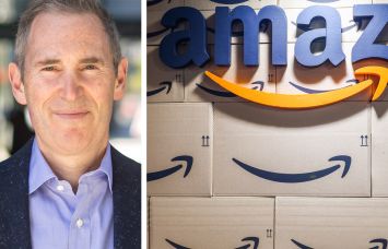 Amazon CEO Andy Jassy and a stack of Amazon packages.