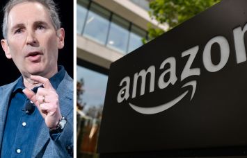 Amazon CEO Andy Jassy and an Amazon office building.