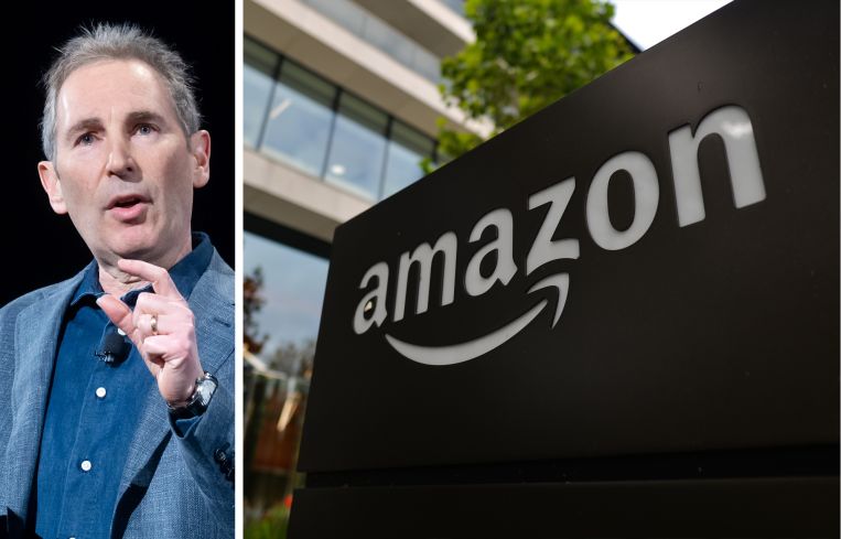 Amazon CEO Andy Jassy and an Amazon office building.