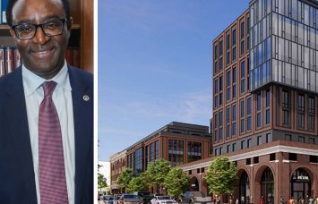 Howard University President Dr. Ben Vinson III and a rendering of the university's Fusion Building project.