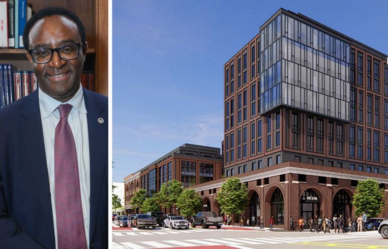 Howard University President Dr. Ben Vinson III and a rendering of the university's Fusion Building project.