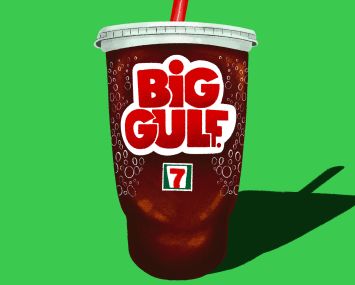 Illustration of a giant cup of soda that says "Big gulf."