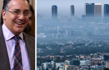 Los Angeles City Council member Bob Blumenfield and a morning haze obscures the Century City skyline in Los Angeles.