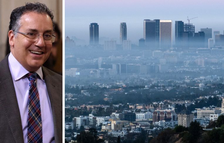 Los Angeles City Council member Bob Blumenfield and a morning haze obscures the Century City skyline in Los Angeles.