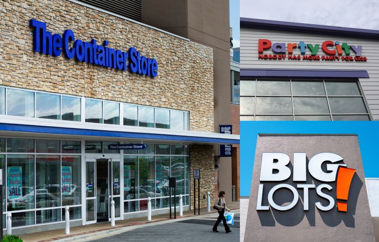 Signs on The Container Store, Party City, and Big Lots stores