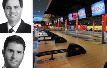 David Friedman and Andrew Stern of Newmark and bowling lanes at a Round1 location.