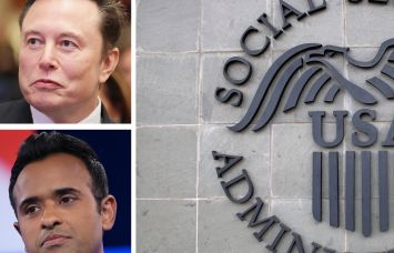 Elon Musk, Vivek Ramaswamy, and the Social Security Administration logo.
