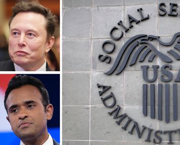 Elon Musk, Vivek Ramaswamy, and the Social Security Administration logo.