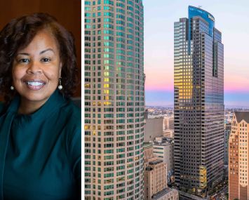 Fesia Davenport, CEO of Los Angeles County, and the Gas Company Tower in Los Angeles.