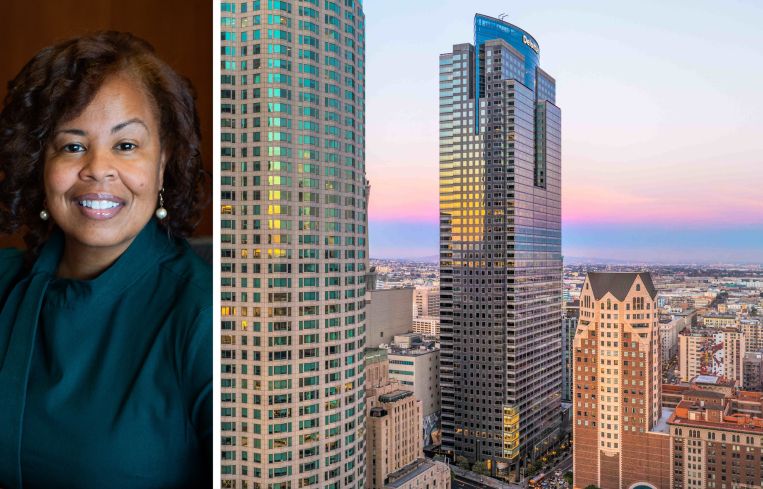 Fesia Davenport, CEO of Los Angeles County, and the Gas Company Tower in Los Angeles.