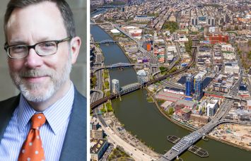George Nashak, president and CEO Care for the Homeless, and an aerial photo of The Bronx.