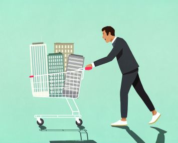 Illustration of a man in a suit pushing a cart with buildings in it.