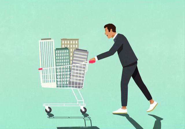 Illustration of a man in a suit pushing a cart with buildings in it.