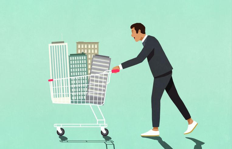 Illustration of a man in a suit pushing a cart with buildings in it.