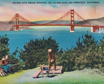 A postcard of a bridge spanning a bay.