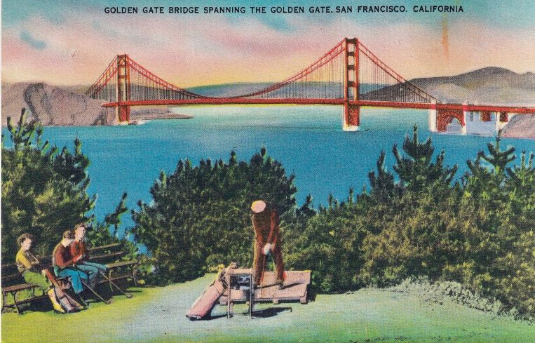 A postcard of a bridge spanning a bay.