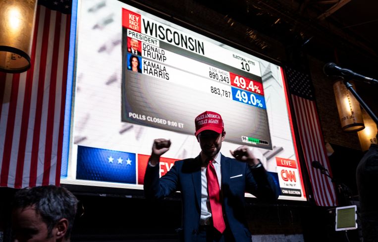 A man in a baseball cap celebrating election results on the screen behind him.