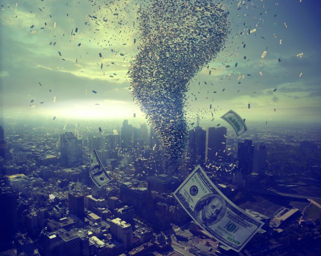 Image of a tornado tearing through a city, blowing money around.