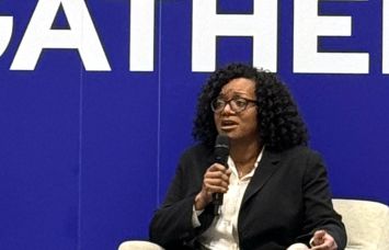 ICSC President and CEO Tom McGee, and Angele Robinson-Gaylord, senior vice president of store development for the Americas at Starbucks speak during a fireside chat at ICSC New York.