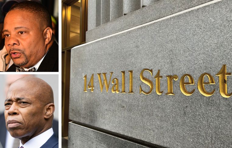 Former DCAS Deputy Commissioner Jesse Hamilton, Mayor Eric Adams, and 14 Wall Street.