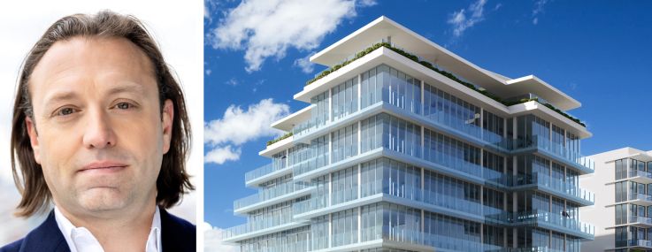 Jonathan Landau, CEO of Landau Properties, and a rendering of One Kane Concourse, Miami.