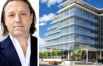 Jonathan Landau, CEO of Landau Properties, and a rendering of One Kane Concourse, Miami.