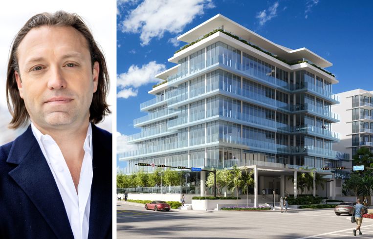 Jonathan Landau, CEO of Landau Properties, and a rendering of One Kane Concourse, Miami.