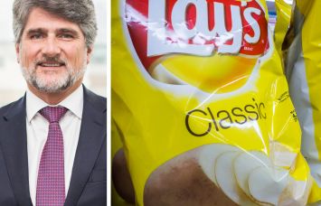 Bridge Investment Group CEO Jonathan Slager and bags of Lay's chips on a shelf.