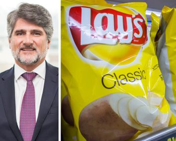 Bridge Investment Group CEO Jonathan Slager and bags of Lay's chips on a shelf.