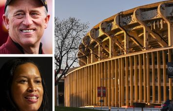 Washington Commanders Managing Partner Josh Harris, Washington D.C. Mayor Muriel Bowser, and RFK Stadium.