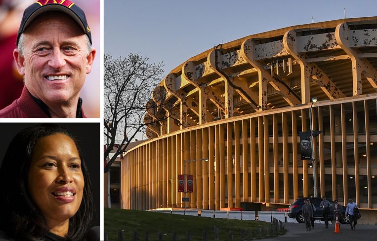 Washington Commanders Managing Partner Josh Harris, Washington D.C. Mayor Muriel Bowser, and RFK Stadium.
