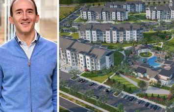 Joshua Crane, co-founder and managing principal of S3 Capital, and a rendering of the second phase of the Atlantica at Town Center multifamily project in Davenport, Fla.