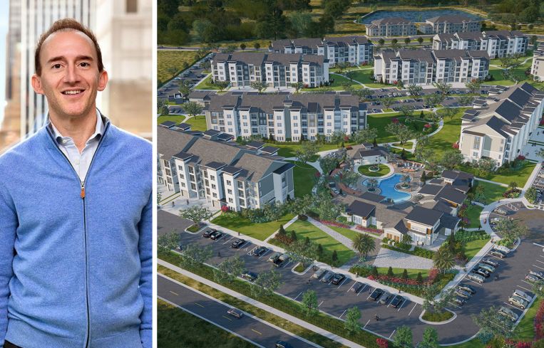 Joshua Crane, co-founder and managing principal of S3 Capital, and a rendering of the second phase of the Atlantica at Town Center multifamily project in Davenport, Fla.