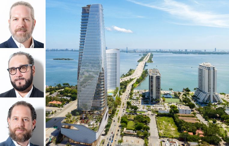 One Thousand Group co-founders Kevin Venger, Louis Birdman, and Michael Konig, and a rendering of Tower 36.