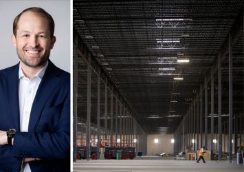 Link Logistics CEO Luke Petherbridge and the interior of a warehouse.