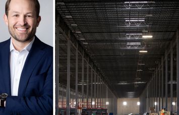 Link Logistics CEO Luke Petherbridge and the interior of a warehouse.