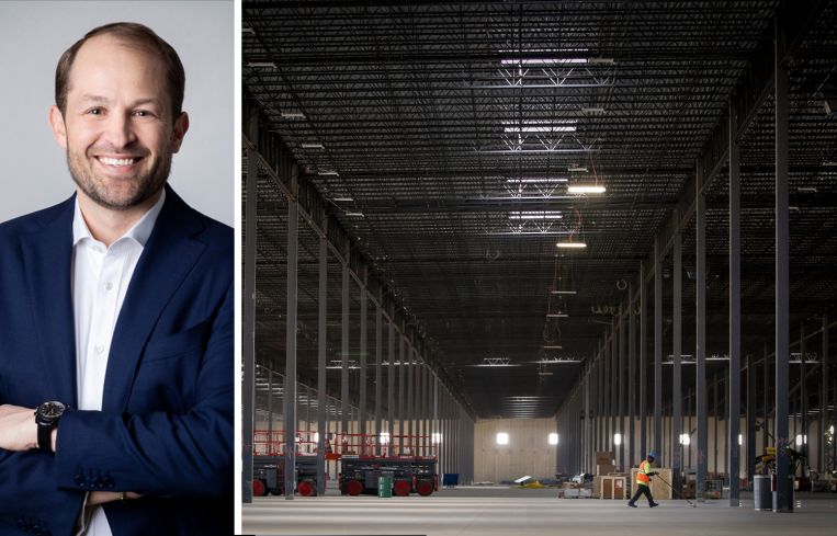 Link Logistics CEO Luke Petherbridge and the interior of a warehouse.